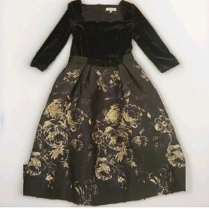 Rickie Freeman Teri Jon Black Scallop Velour Belted Metallic Jacquard Dress SZ 4